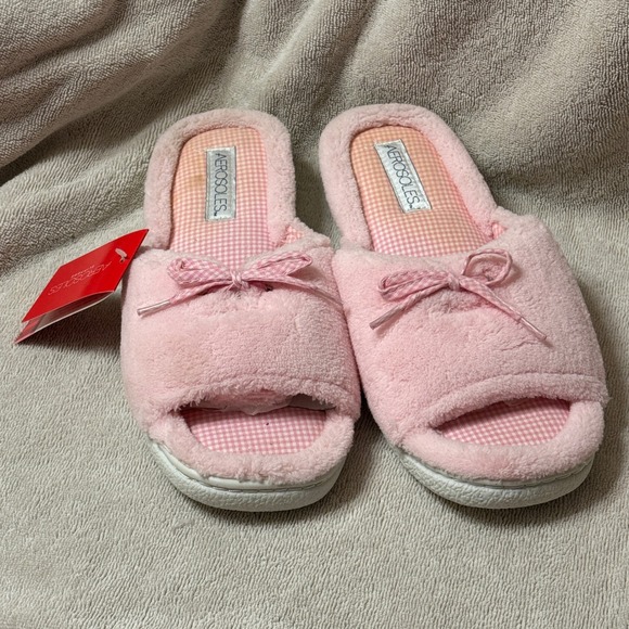Aerosoles Pink Fuzzy Bow Open Toe Slippers Women's Size Large (9-10) New - Picture 1 of 4